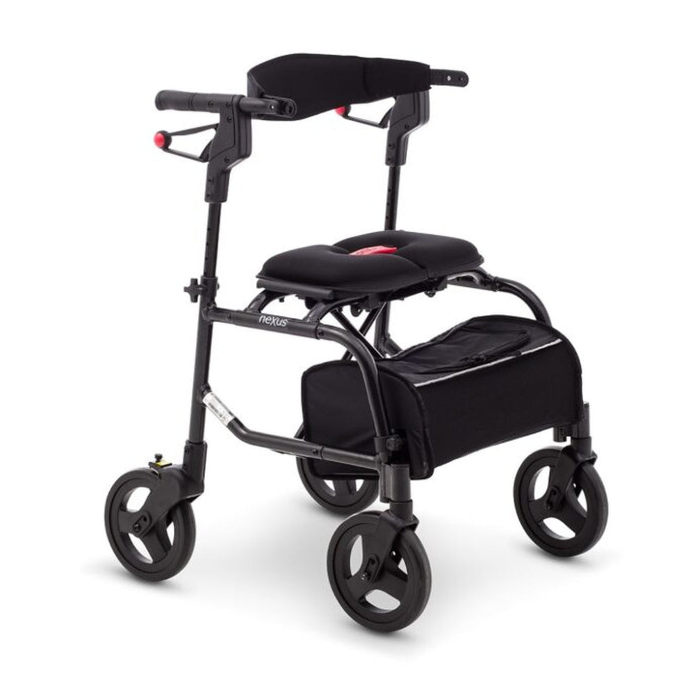 Human Care neXus 3 rollator in black, rear three-quarter view on white